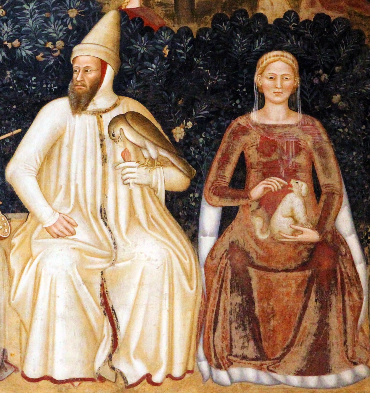 Andrea di Bonaiuto (1320 c.a-1377), “Via Veritatis” o “La Chiesa militante e trionfante”, seconda metà degli Anni Sessanta del XIV secolo, affresco (particolare raffigurante Bernabò Visconti e Beatrice Regina della Scala). Firenze (Toscana – Italia), Basilica di Santa Maria Novella, Cappellone degli Spagnoli