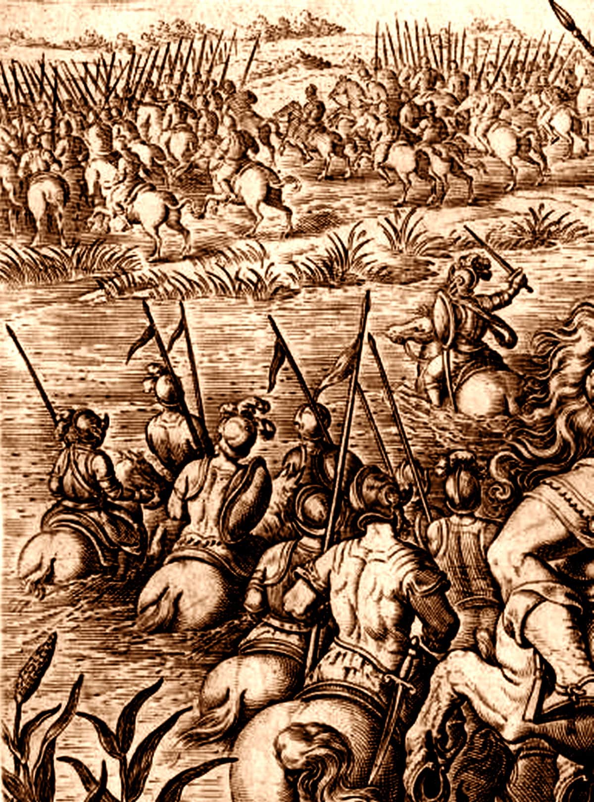 Philip Galle (1537-1612) su soggetto di Jan van der Straet (detto Stradanus o Giovanni Stradano, 1523-1605), “Giovanni de’ Medici lancia il cavallo nel fiume Adda e, seguito da pochi fino alla riva opposta, mette in fuga i nemici spagnoli spaventati” (“Iohannes Medici In Adduam flumen equum immittit paucisque illum secutis ad oppositam ripam Hispanos hostes metu perterritos in fugam vertit”), 1583, acquaforte (particolare rielaborao). Tratto da: Philip Galle – Jan van der Straet, “Mediceae Familiae Rerum Feliciter Gestarum Victoriae et Triumphi”, Hendrik Goltzius, Haarlem 1583